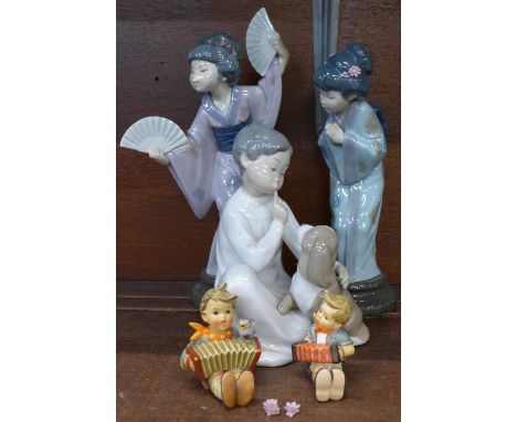 Two Lladro geisha girl figures, one a/f, a Lladro figure marked 4522 and two small Goebel figures, one a/f (5)