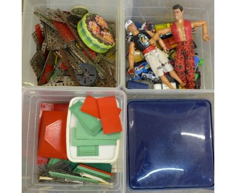 A collection of Bayko, Meccano, model vehicles and two Action Man figures