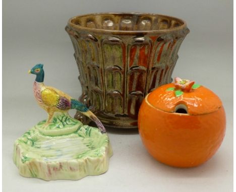 A Beswick preserve pot, a/f, a Beswick pheasant pin dish and a Sylvac pine cone planter