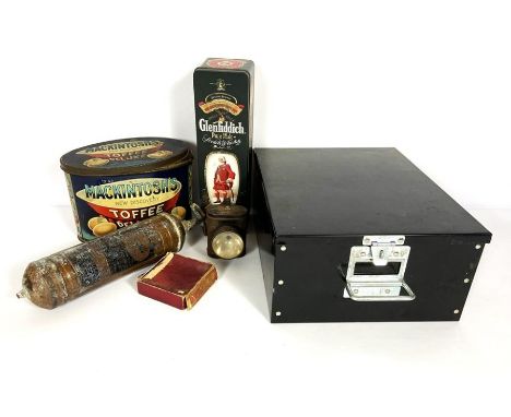A collection of items including an L.N.E.R vintage hand pump fire extinguisher, a box of circa 1900 glass photographs; a bicy