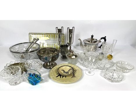 Assorted silver plate and glassware, including a pair of spill vases; a rose bowl and fruit bowl and a ceramic figure of a pr