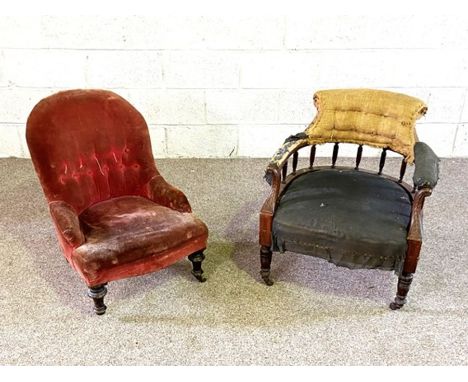 A small green upholstered late Victorian bedroom chair; together with a tub chair and small pink button upholstered bedroom c