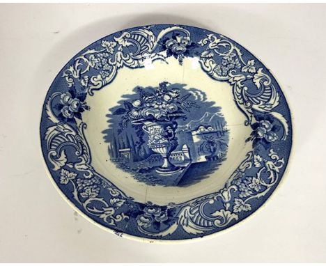 A group of ceramics, including a Midwinter blue and white oval serving dish; a meat plate; a large Continental decorative vas