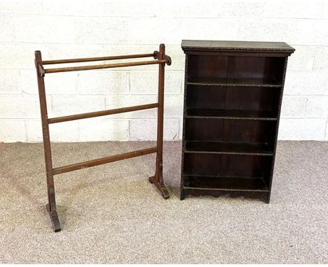 A small vintage oak open bookcase, 107cm high, 64cm wide, together with a towel rail and a pink button upholstered bed head, 