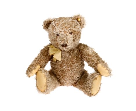 Großer Steiff Teddy, 50er Jahre, mit Knopf und Fahne, Alterungsspuren, H 65, Z 2-3