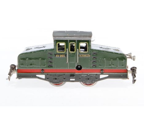 Märklin Vollbahnlok RV 890, Spur 0, Uhrwerk intakt, grün, mit elektr. Fremdbeleuchtung, Pantograph fehlt, LS und gealterter L