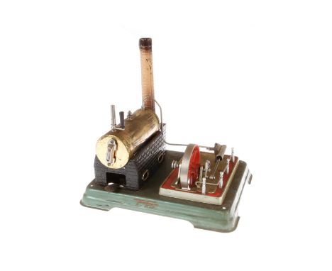 Kleine Fleischmann Dampfmaschine, liegender Kessel, KD 5, starke Alterungsspuren, mit Anleitung, L 22, im def. OK, Z 3-4