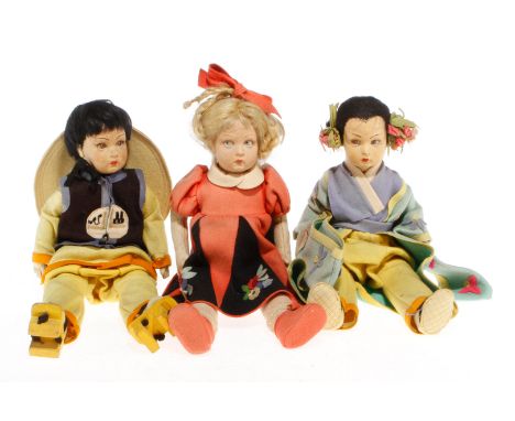 3 Lenci? Stoffpuppen, 2 Japaner und 1 Trachtenmädchen, L 35, Gebrauchsspuren, Z 3