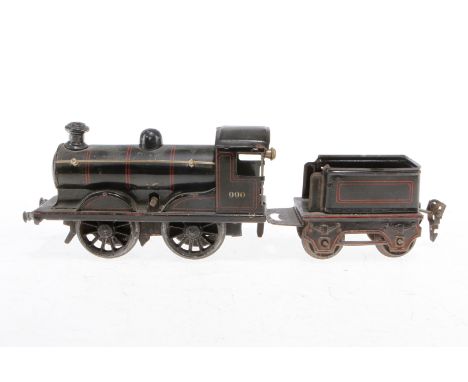 Märklin B-Dampflok R 990, Spur 0, Uhrwerk intakt, schwarz, mit Tender, LS und gealterter Lack, 1 Puffer lose, Z 3