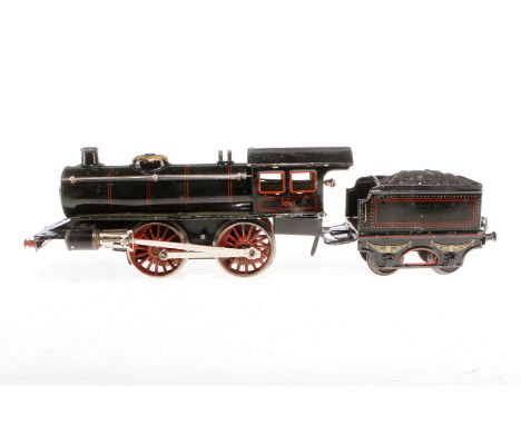Märklin B-Dampflok R 1041, Spur 1, Uhrwerk intakt, schwarz, mit Tender, imit. Stirnlampen fehlen, LS tw ausgeb., gealterter L