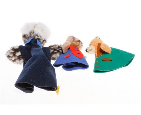 3 Steiff Handpuppen, Bär, Eule und Fuchs, L 15-24, Z 2-3