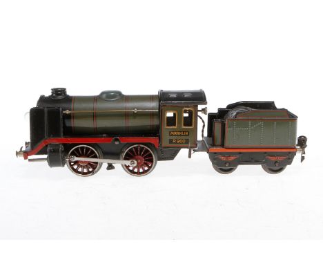 Märklin B-Dampflok R 900, Spur 0, Uhrwerk intakt, graugrün/schwarz, mit Tender, kW und 1 el. bel. Stirnlampe, LS und gealtert