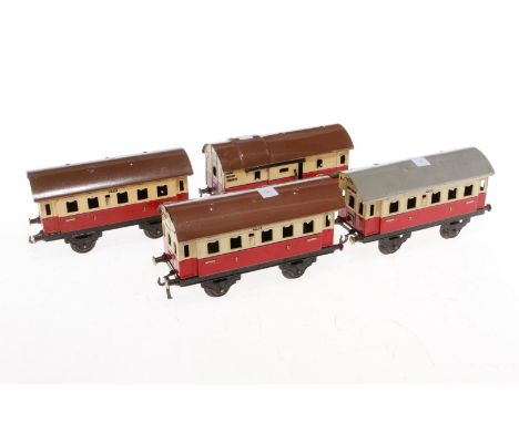 4 Fleischmann Wagen, Spur 0, rot/creme, L 14,5, Z 4