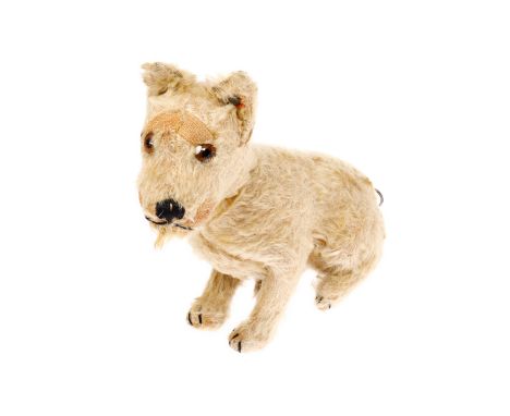 Steiff Rattler Hund 30er Jahre, holzwollegestopft, mit Halsmechanik und Knopf im Ohr, Alterungsspuren, L 20, Z 3