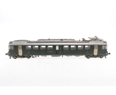Hermann Triebwagen ”1405”, Spur 0, elektr., 2-Leiter, grün, mit Inneneinrichtung und Beleuchtung, Pantograph besch., LS und A