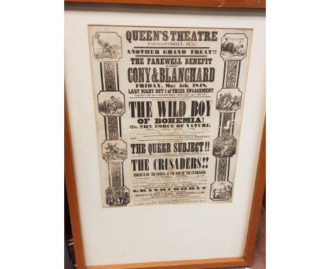 A framed and glazed Theatre Poster from The Queen's Theatre, Hull - dated 1848 - provenance: Removed from The Futurist Theatr