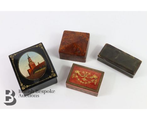 Collection of boxes, including an horn snuff box approx. 10 x 4.5 x 2.5 cms, burr walnut box approx. 7 x 7cms, small burr wal