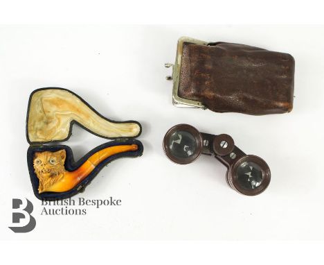 1930's Negretti &amp; Zambra London 'Empire' bakelite opera glasses together with a Meerschaum pipe, the bowl is carved as a 