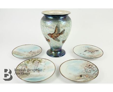 Four Japanese cabinet plates in the Noritake style, each finely painted with birds including water birds, birds of prey and o