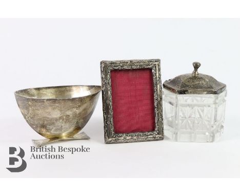 Collection of silver, including a silver topped cut glass jar Birmingham 1933 mm JG&amp;S, silver photo frame Birmingham 1899