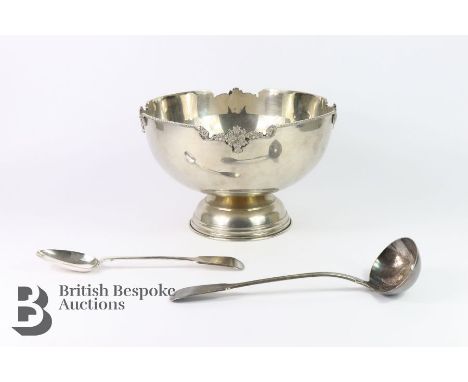 Silver plated punch bowl and ladle, approx 31 diameter x 20 h cms, together with a large silver-plated basting spoon. (3)