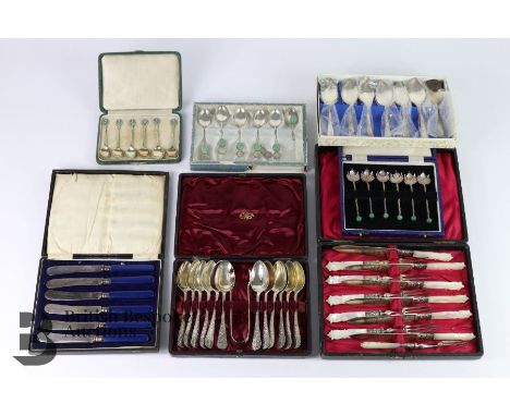 Miscellaneous silver and silver plate, including a boxed set of silver and enamel flower coffee spoons, boxed set of coffee s