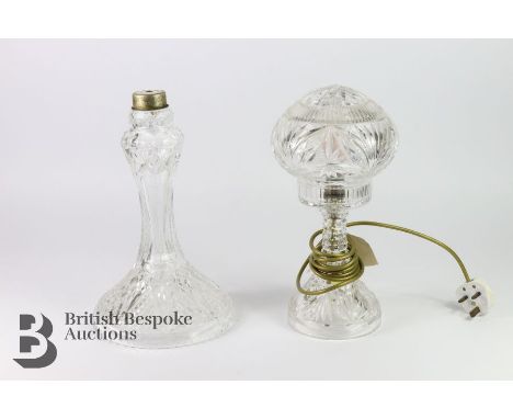 Cut-glass table lamp, complete with a cut-glass shade, approx 35 cms h; together with a cut-glass lamp base (without fittings