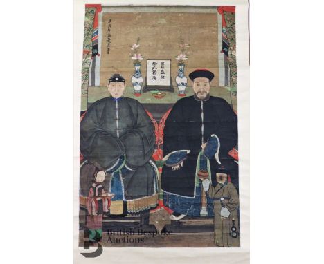 Mid-19th century Chinese portrait ancestral painting, portraying two figures, dressed in formal attire before an altar table,