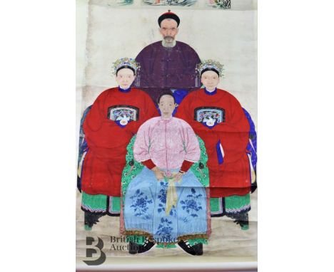 Late 19th century Chinese portrait ancestral painting, ink and cololur, portraying four figures dressed in formal attire with