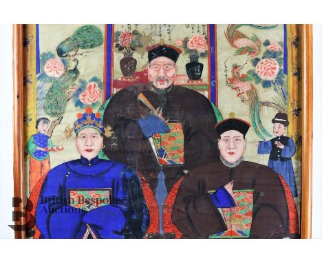19th century Chinese ancestor scroll painting, ink and colour, portraying a inter-generations, dressed in formal attire with 