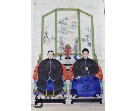 19th century Chinese portrait ancestor painting, portraying a couple seated before a roomscreen and altar, dressed in formal 
