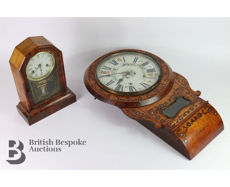 Continental wall clock, having a white enamel face with Roman dial painted with flowers, decorative inlay to the case and fur