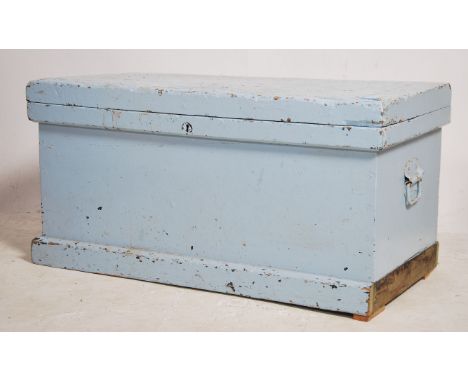 A Victorian late 19th / early 20th century pine wooden tool chest / blanket box trunk. With inner movable tray. Blue painted,