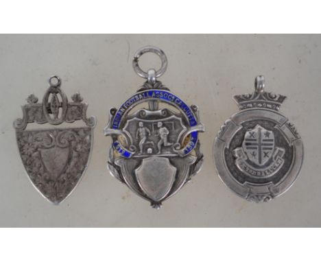 A collection of 3 silver armorial fob shields being hallmarked to include and enamel Indian Football Association Calcutta 193
