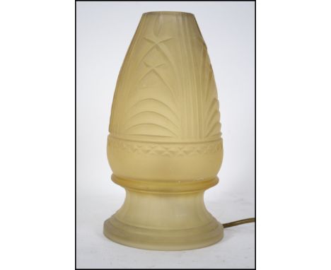 A 1930's Art Deco conical frosted yellow glass table lamp. Stunning moulded glass of heavy form with tapering conical body