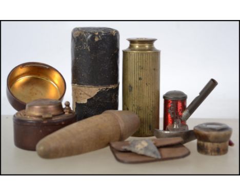 A collection of unusual items to include a treen worked case with articulated wooden worm, small brass extending pocket teles