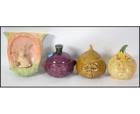 A collection of Sylvac style pickle jars, all with lids ( 3 total ) together with a large Sylvac wall pocket with fawn to fro
