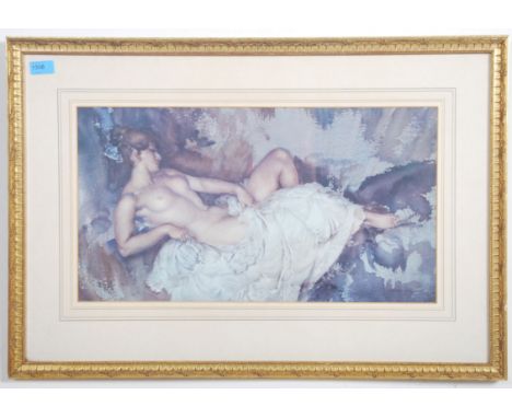 After Russell Flint. A signed watercolour print being signed by the artist of a recumbant nude entitled ' Reclining Nude I ' 