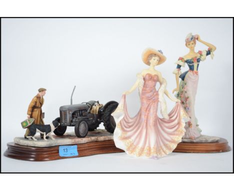 A pair of Leonardo ceramic figurines of ladies together Border Arts study of a tractor and farmer.