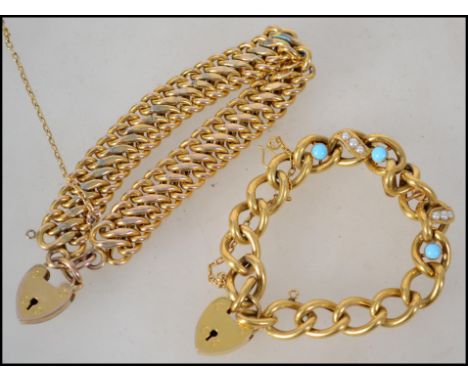 A yellow metal turquoise and seed pearl belcher chain bracelet having a heart lock clasp and safety chain along with another 