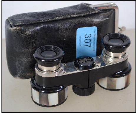 A pair of vintage leather purse cased mother of pearl opera glasses - binoculars by Grodenstock of Munich, Germany. Complete 