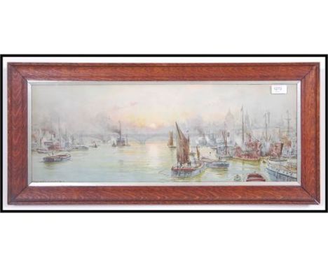 After Charles De Lacy. An  early 20th century framed print of a maritime London Thamas scenes with barges and steam trampers 