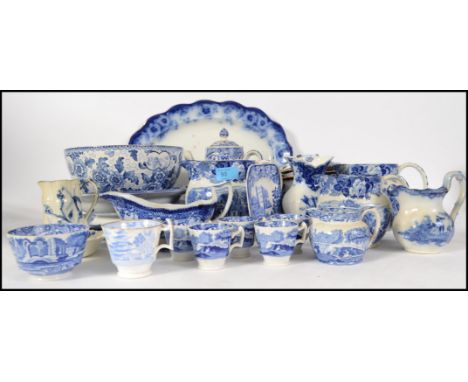 A large collection of blue and white ceramics to include examples by Copeland Spode, Doulton, Crete Pottery Stoke on Trest an