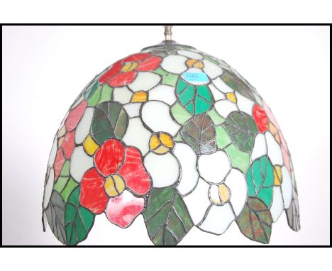 A very large Tiffany style leaded and coloured glass ceiling light shade / fixture. Measures:  40cms high x 47cms diameter. 