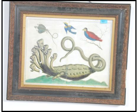 A 20th century framed and glazed Victorian style picture / print of a mythical seven headed creature. Measures:  39cms high x