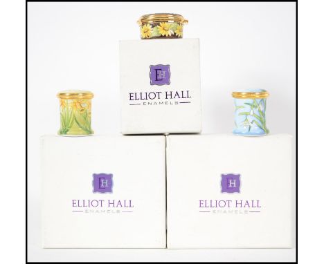 A collection of three Elliot Hall limited edition enamel trinket boxes.  These three floral themed boxes come in their origin
