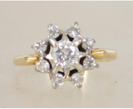 An 18ct gold and diamond ring having starburst mount, thecentre  diamond approx 50pnts total, surrounding diamonds approx 40p