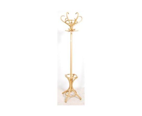 An mid 20th century retro / vintage Thonet style light wood bentwood hat and coat stand, on splayed legs approx 195cm high