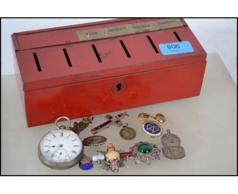 A small group of items to include a silver 800 enamel face pocket watch, silver hallmarked brooch together with other items c