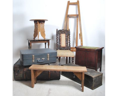 A collection of furniture to include an Edwardian mahogany piano, Victorian carolean chair with tapestry upholstery, oak benc